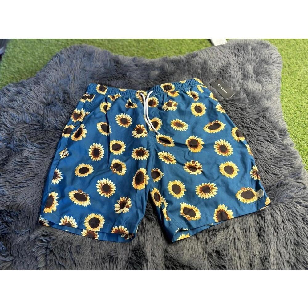 Empyre Men’s size M‎  Swim Shorts Board Flower Sunflower Draw String New Blue